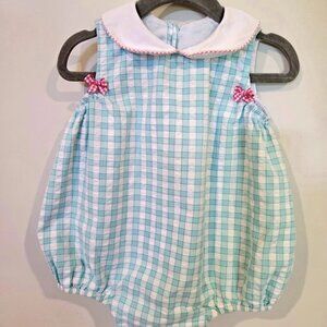 Claire & Charlie Fine Hand Smocked 18m Pink and Blue Bubble Romper with Collar